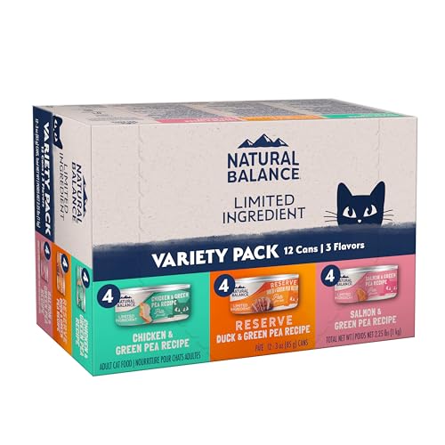 Natural Balance Limited Ingredient Cat Food Variety Pack - Chicken, Salmon and Duck with Green Pea Recipes, Soft Pate Wet Digestion Cat Food for Sensitive Stomach, 3 oz., Case of 12