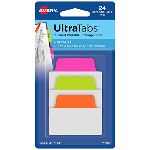 Image of Avery Ultra Tabs, 2 inch x 1.5 inch Repositionable, Neon, 24 Tabs | For Marking Pages in Notebooks, Planners and Bibles, Clear Repositionable Body, Two-Side Writable, Smudge-Resistant Tabs