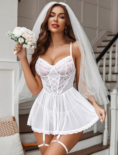 Image of Avidlove Women Lace Mesh Babydoll Lingerie Set with Garter Belt | 4 piece set, includes thong & garter belt, lace corset bodice, adjustable straps, S-4XL