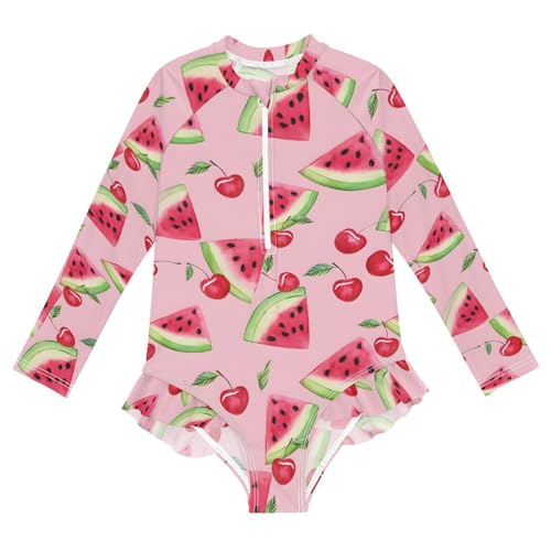 ALAZA Watermelon Cherry Fruit Cute Girls One Piece Swimsuit Long Sleeve Rash Guard Swimsuits UV 50+ Swimwear Zipper