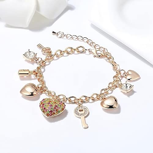 SILANER Gold Chain Link Bracelet - 7"+ 2" Extender 14K Gold Plated Love Locked Bracelets for Women, with Crystal, Love Heart,Key, Lock, Charm Bracelet2