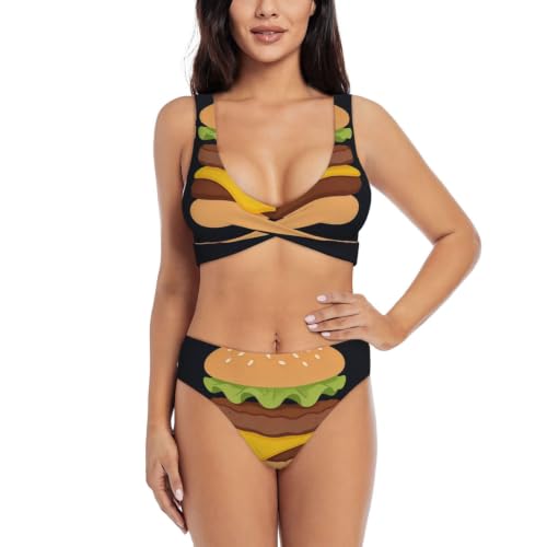 Bikini croisé à coussinets amovibles et haut en triangle réglable au motif hamburger