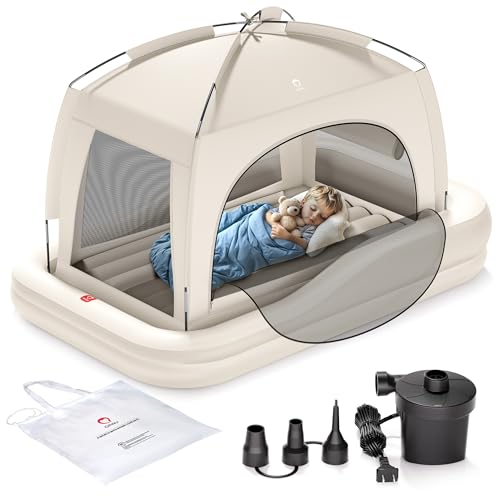 Image of QPAU Inflatable Toddler Travel Bed with Tent, Portable Kids Air Mattress with Safety Sides, Ideal for Home, Grandma's, Camping, Traveling -Includes Fast Electric Pump