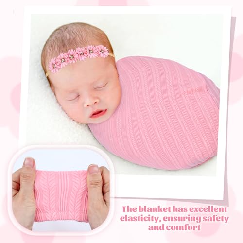 Image of Cinaci 4pcs Pink Soft Nursery Newborn Baby Receiving Swaddle Blanket with Matching Turban Hat Bow Headbands Floral Nylon Headbands for Baby Girls Newborn Infants