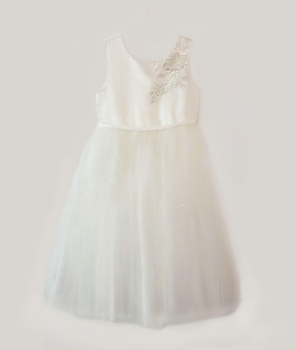 Elfenbeinfarbenes Satin- und Tüllkleid mit Pailletten für Mädchen – Hochzeits- und Kommunionskleid, Alter 2–12