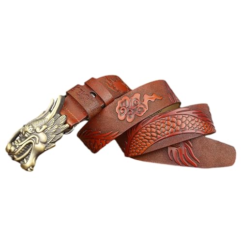 Dragon Pattern Embossed Snap Belt 38mm Vintage Western Leather Strap Bronze Buckle with Handmade Engraved Dragon Head2