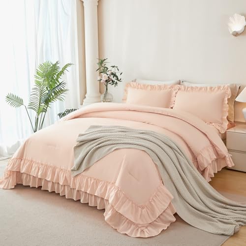 ANGIYUIN Blush Ruffle Comforter Set Full Size 5 Pieces Double-Layer