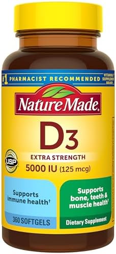 Nature Made Vitamin D3 5000 IU (125 mcg) Softgels, Extra Strength...