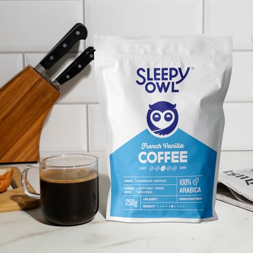 Image of Sleepy Owl French Vanilla Ground Coffee for Pour Over | 100% Arabica | Medium Roast | Medium Grind Coffee for Aeropress, Homemachine | 250g | Sourced From Chikmagalur