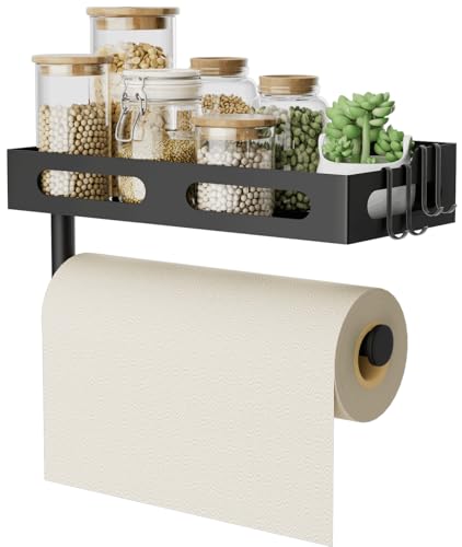 Paper Towel Holder Wall Mount for Kitchen, One-Handed Tear, Bathroom Paper Towel Holder with Shelf, Spice Rack & RV Paper Towel Rack, Paper Roll Holder 4 Hooks Matte Black