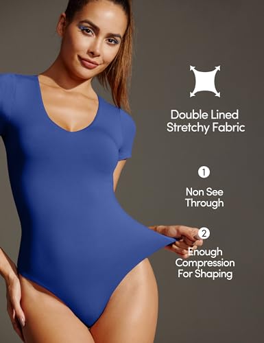 Image of IUGA Bodysuits for Women Tummy Control Body Suits for Womens Compression Slimming Thong Bodysuit V Neck