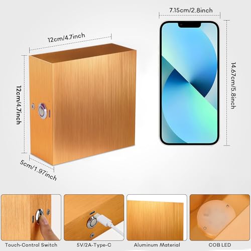 Lightess Wandleuchte Akku mit Fernbedienung Wandlampe Batterie Innen LED Dimmbare Touch Control Up Down Wandleuchte Ohne Stromanschluss 16 Farben USB Ladung 2 Stück für Schlafzimmer Wohnzimmer Gold