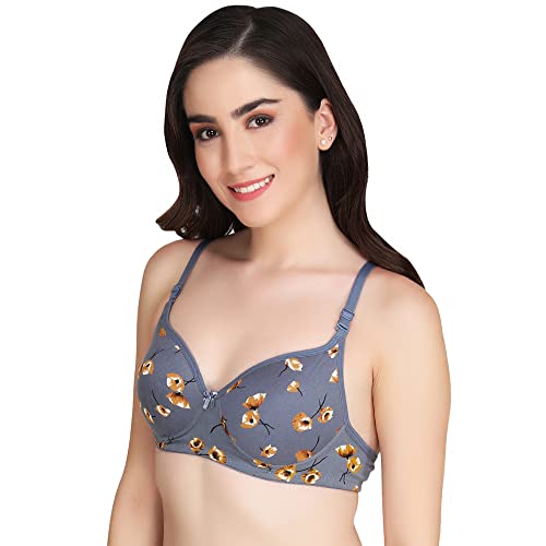 Image of Flower Print Bra for Women - Made of Pure Cotton Full Coverage Non Wired Pushup Soft Cup for T-Shirt Saree Dress Sports Garment for Daily Use Everyday
