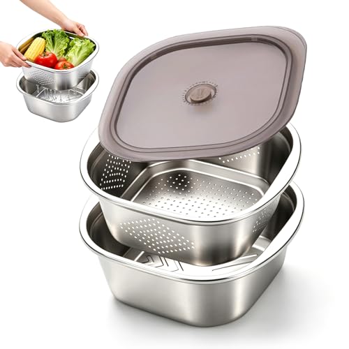 QUTHZZHY Küchensieb Edelstahl Nudelsieb Edelstahl 28cm Reiswaschschüssel mit Schüssel und Deckel Stapelbares Edelstahls Schüsselset für Nudeln abgießen Gemüse Obst und Reis Waschen