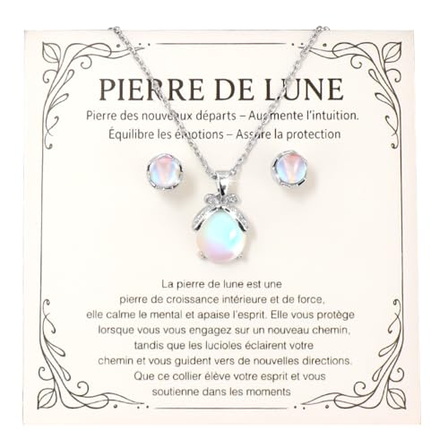 FIDWALL Bijoux Femme Collier et Boucles d’Oreilles en Pierre de Lune, Idée Originale pour Ado & Adulte, Fille, Maman, Sœur, Amie Coffret Noël (Argent)