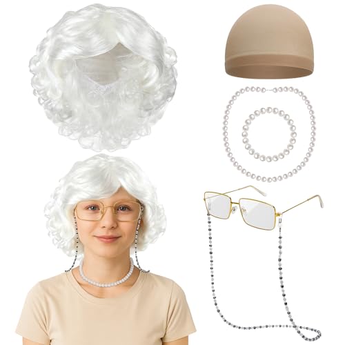 Huskein 100 Days of School Costume for Girls, Grandma Costume with White Grandma Wig for 100th day of school Accessories