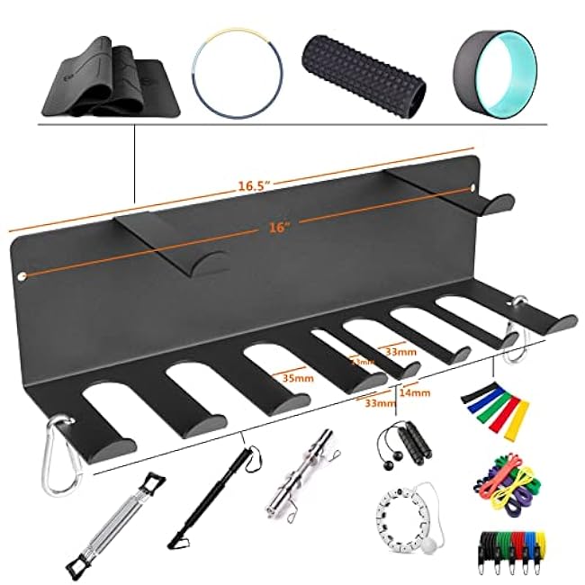 Resistance Bands Rack Wall Mount Home Gym Equipment Storage Rack for Resistance Bands, Jump Ropes, Yoga Mat, Foam Roller, Chains, 16.5, Black