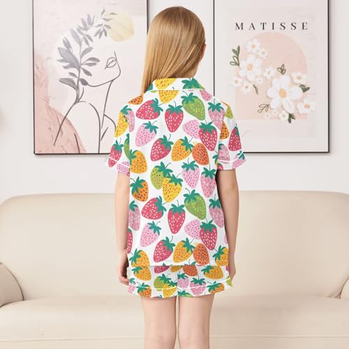 Cute Colorful Strawberry Summer Satin Pajama Set, Cute Button-Down Sleepwear Pj Set for Sleep Wears4