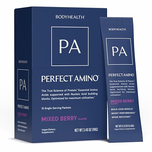Image of BodyHealth PerfectAmino Powder - BCAA and EAA Powder for Pre and Post Workout - Amino Acid Energy Drink for Men and Women to Support Lean Muscle and Recovery - Mixed Berry - Stick Packs - 15 Servings