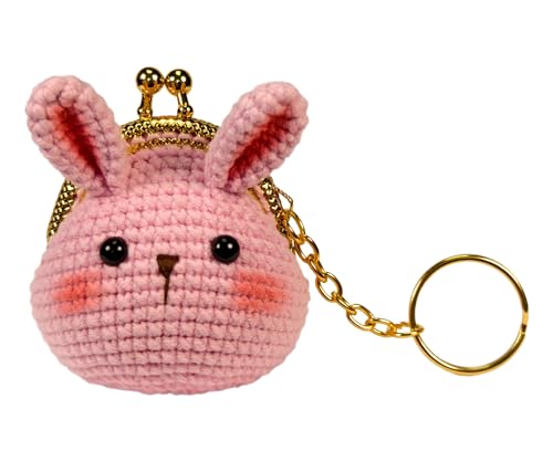 Handmade Crochet Cute Coin Purse Backpack Bag Charm for Kids,Small Storage Bag Mini Coin Purse Keychain for Girls(Pink Rabbit)