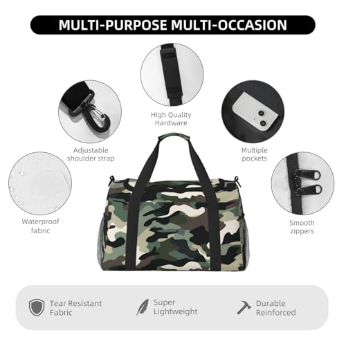 Duffle Bag Green Grey Black Camo Print Travel Duffel Bags for Men Women with Adjustable Strap Carry on Gym Bag Overnight Weekender Bag4