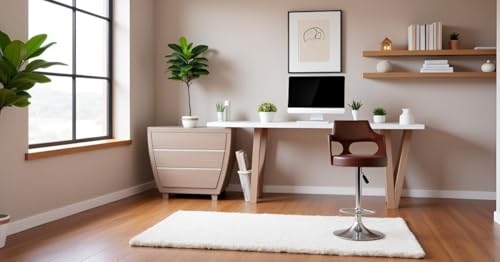 Image of Modern Adjustable Office Chair with Curved Wooden Back, Brown Leather Seat, Chrome Base, Swivel Design for Home Office