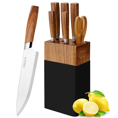 aonasuo Ensemble de couteaux de cuisine 7 pièces avec bloc et aiguiseur, poignées effet bois (non en bois), couteaux tranchants en acier inoxydable comprenant couteau de chef, couteau à pain, couteau