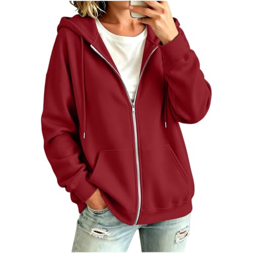ASUIU - Womens Hoodies Zip Up - Athletic Fashion Plain Cute Fall Zipper Casual Jacket, Plus Size Oversized Sweatshirt, Red - Best Deal on Amazon