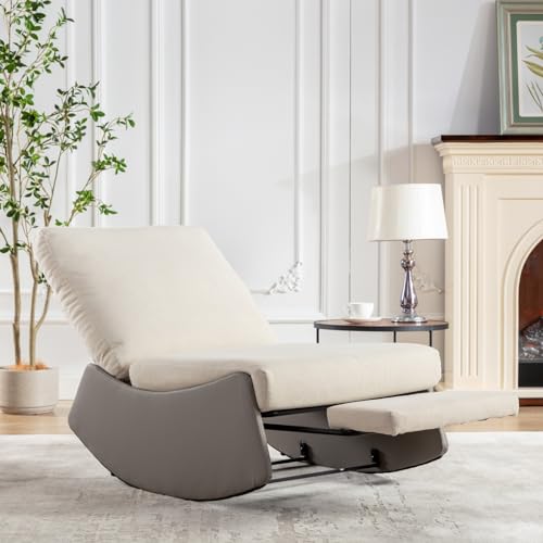 Image of LOPOO Modern Rocking Chair Recliner, Nursery Chair with Footrest, Accent Reading Chair, Upholstered Lounge Chair, Soft Padded Rocker for Living Room, Adjustable Backrest, Large Cushion, Gray+Beige