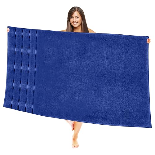 Image of Elegant Comfort 100% Turkish Cotton 4 Lines Viscose Stripe Jumbo Bath Towel - Hotel Spa Quality Extra Large 35 x 70 Inch Bath Towel Ultra Soft, Super Absorbent Quick Dry Large Bath Towel, Royal Blue