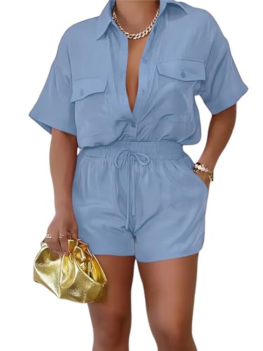 2 Piece Outfits for Women Summer Casual Short Sleeve Button Down Tops Blouses Shirts and Shorts Set with Pockets Romper