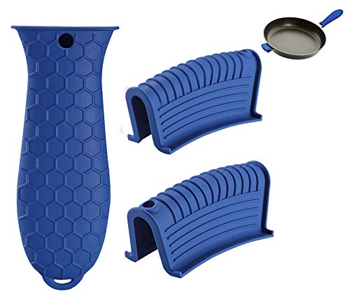 Silikon-Griff für heiße Pfannen, 3 Stück, hitzebeständig, rutschfest, Gummi-Topfgriff-Abdeckungen für Gusseisen, Grillpfanne, Metall-Bratpfannen, Küchen-Kochgeschirr (blau) Cover