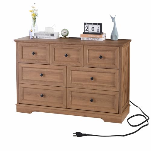 NONGSHIM Dresser for Bedroom with 7 Deep Drawers, Modern Dressers with Charging Station 7 Chest of Drawers, Wood Storage Organizer Dresser, Nursery Dressers for Living Room, Hallway, Natural Oak - Thumbnail 3