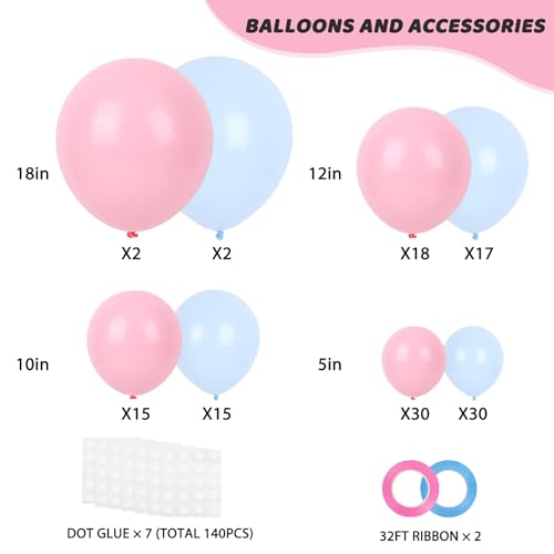 Image of RUBFAC Pink and Blue Balloons 129pcs Different Sizes Pack of 18 12 10 5 Inch, Latex Gender Reveal Balloon Garland Arch Kit for Birthday Party Wedding Anniversary Baby Shower Decoration