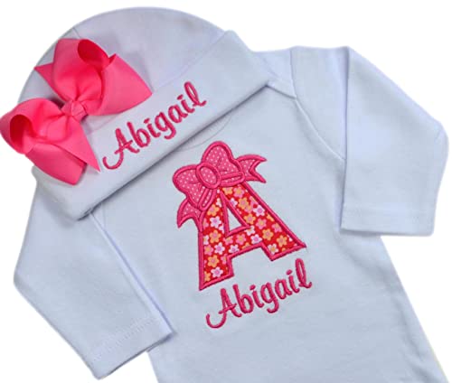 Baby Girl Embroidered Initial Bodysuit And Matching Grosgrain Bow Hat With Your Custom Name (0-3 Months, Pink Flowers With Hot Pink Bow Hat) #TOP1
