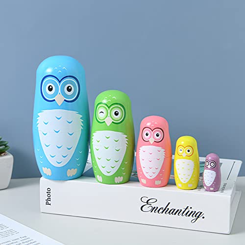 5 Pcs Cartoon Owl Pattern Wooden Russian Nesting Dolls Colorful Animal Matryoshka Dolls Wooden For Home Decoration Kids Stacking Dolls Toy Birthday #TOP5