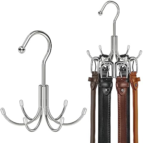 Belt Hanger, HOMEBROS Silver 360° Rotatable Metal Belt Rack Organizer for Closet Space Saving Belt Hooks Maximum 24 Storage Capacity for Belt Tie Tank Top Bra Scarf Hat Purse 2 Pcs Cover