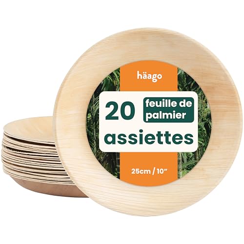 HAAGO 20 Assiettes en Feuilles de Palmier Compostables & Jetables, Comme les Assiettes en Bambou Vaisselle écologique - Résistante au Congélateur & au Micro-ondes 25cm Rond Assiette Feuille de Palmier