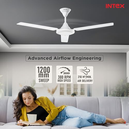 Image of Intex Aero Silk 1200MM Ceiling Fan 3 Blade 380 RPM | High Speed Motor 210 CMM | Air Delivery 50W Low Power Double Ball Bearing | Rust Proof Body 3 Speed Control 24 Month Warranty (White)