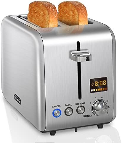 SEEDEEM Toaster 2 Slice, Stainless Steel Bread Toaster with Colorful LCD Display, 7 Bread Shade Settings, 1.4'' Wide Slots Toaster with Bagel/Defrost/Reheat Functions, Removable Crumb Tray, 900W, Silver Metallic
