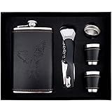RNUIE Hip Flasks for Liquor Sets for Men,9 Oz Personalized Whiskey Stainless Steel Flagon,2 Cups+1Corkscrew+1 Mini Funnel for Husband Christmas Birthday Ornaments(eagle)
