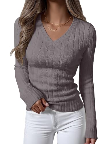 Image of ANRABESS Women's Cable Knit V Neck Fitted Sweaters