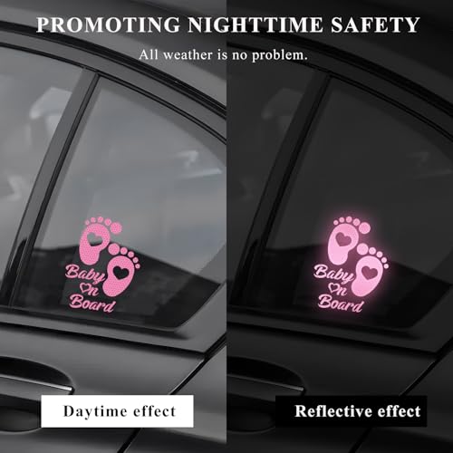 Image of Baby on Board Car Sticker, High Intensity Reflective Baby on Board Footprint Safety Warning Decal, Waterproof Kids on Board Baby in Car Feet Decal Sticker for Bumper (Pink)