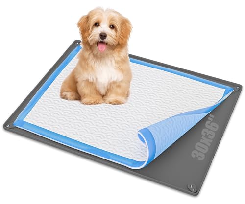 Image of TidyFriend 2 Pk Dog Pee Pad Holder Tray Fits for 30 inch x 36 inch Pee Pads with Corner Lock Holes, Raised Edges, Non-Spill, Easy to Clean Silicone Dog Potty Tray Holder, for Indoor Floor Protection (Grey)