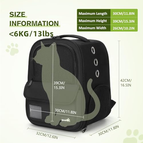 pecute Haustier Rucksack 6kg, Tragbare und Faltbare Katzentasche, Atmungsaktive und Leichte Hundetasche, Wasserdichtes Oxford-Tuch, für Reisen, Wandern,Schwarz