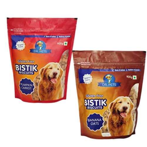 Image of Dr.Pets Bistik Dog Food Treat - Dog Biscuits for Adult Dog & Puppy, Gluten Free Healthy Treats with Fresh & Natural Ingredients, Banana Oats & Pumkin Carrot Flavor 900g Each (Combo Pack)