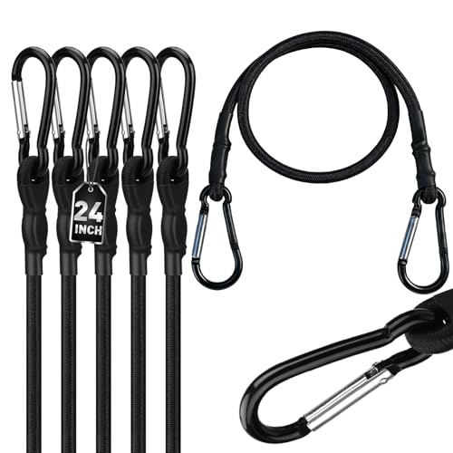 5-Piece 24 Inch Bungee Cords with Carabiner Hooks, Heavy Duty Rubber Elastic Tie Down Straps, Bungee Cord with Carabiner Clips for Cargo, Truck Bed, Camping, Motorcycle and Outdoor Use (Black)
