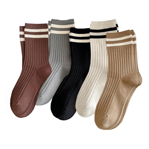 Image of Deeorla Womens Striped Crew Socks Brown Vintage Retro Athletic Socks 5 Pairs