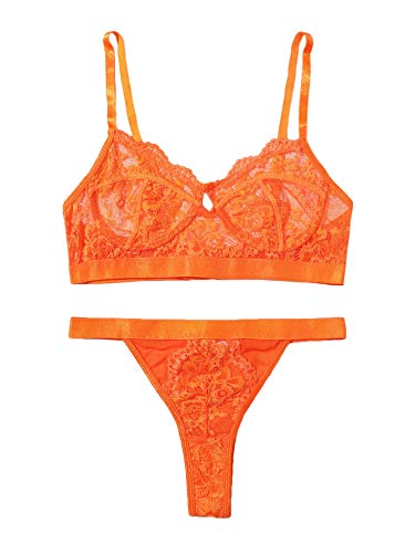 SweatyRocks Women s 2pcs Sexy Lace Strap Bralette Bra and Thong Lingerie Set Orange S