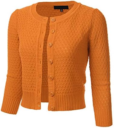FLORIA Women's Button Down 3/4 Sleeve Crew Neck Cotton Knit Cropped Cardigan Sweater LIGHTORANGE S
